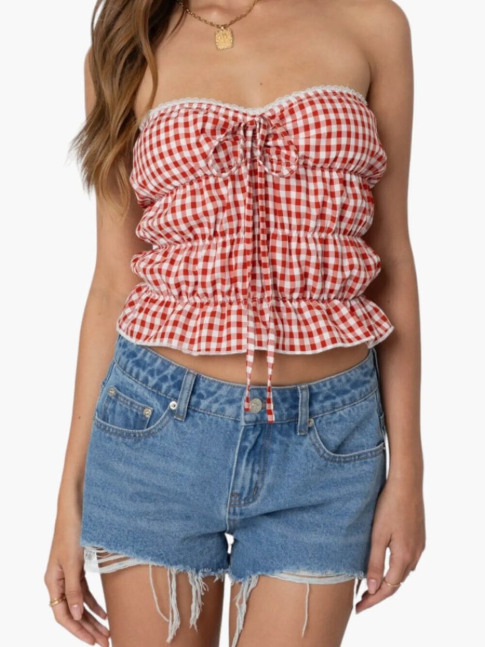Edikted Lanna Red White Gingham Halter Smocked Tube Top Size Small